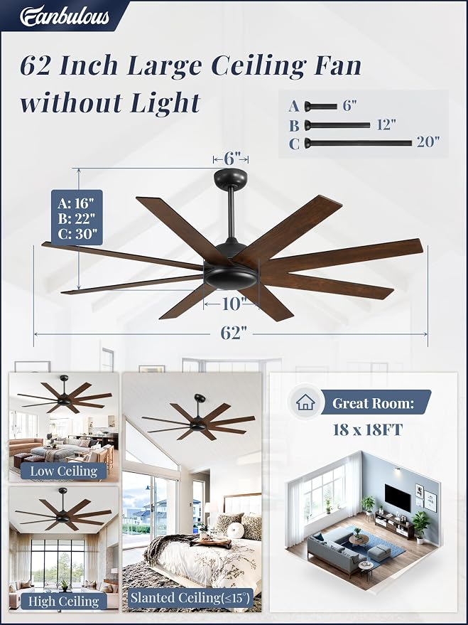 Fanbulous 62 Inch Large Ceiling Fan no Light, Ceiling Fan Black with Remote, 6-Speeds, Quiet Reversible DC Motor, 8 Blades, Indoor/Outdoor Modern Ceiling Fans for Living Room, Garage, Patio