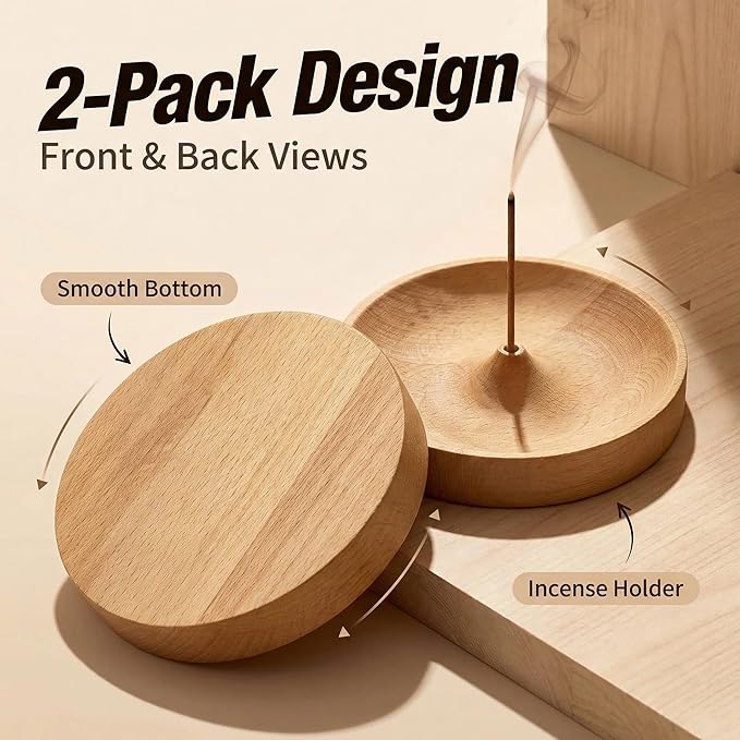 2 Pack Handmade Unpainted Solid Wood Incense Holder with Lid, Windproof Round Stick Incense Burner Ash Catcher, Portable Smooth Minimalist Incense Tray for Home Bedroom Office Yoga Camping Travel