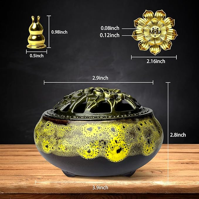Ceramic Incense Burner, Bowl Burner,Cone Incense Burner with Brass lid for use with Stick or Cone-Shaped Incense，Lotus Incense Stick Holder Calabash Incense Stick Holder, 3pc (Fambe Yellow)