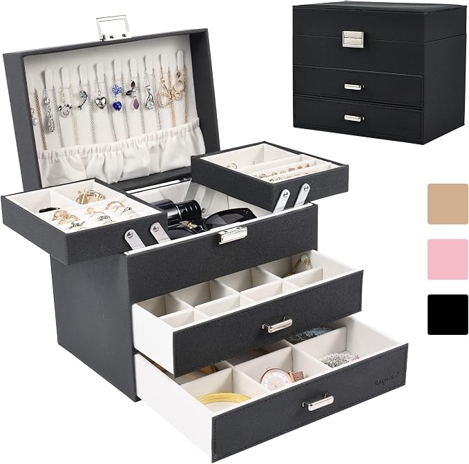 Dajasan Jewelry Organizer Box, Large Jewelry Boxes for Women Girls, Space-Saving 4 Layers Jewelry Storage Case with Drawer, Movable Metal Stand, Modern, Gift Idea (Black + Silver)