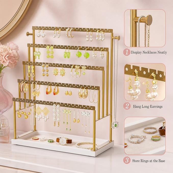 Large 5 Tier Earring Organizer and Holder, Gold | 100+ pair earring display, jewelry organizer stand, elegant gold finish, perfect for vanity décor and boutique displays