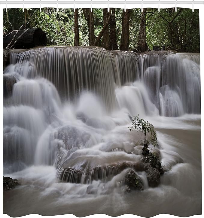 Ambesonne Waterfall Shower Curtain, Mystic Waterfall in Forest Trees with Splashing Water Babbling Brook, Cloth Fabric Bathroom Decor Set with Hooks, 69" W x 70" L, Dark Brown White Green