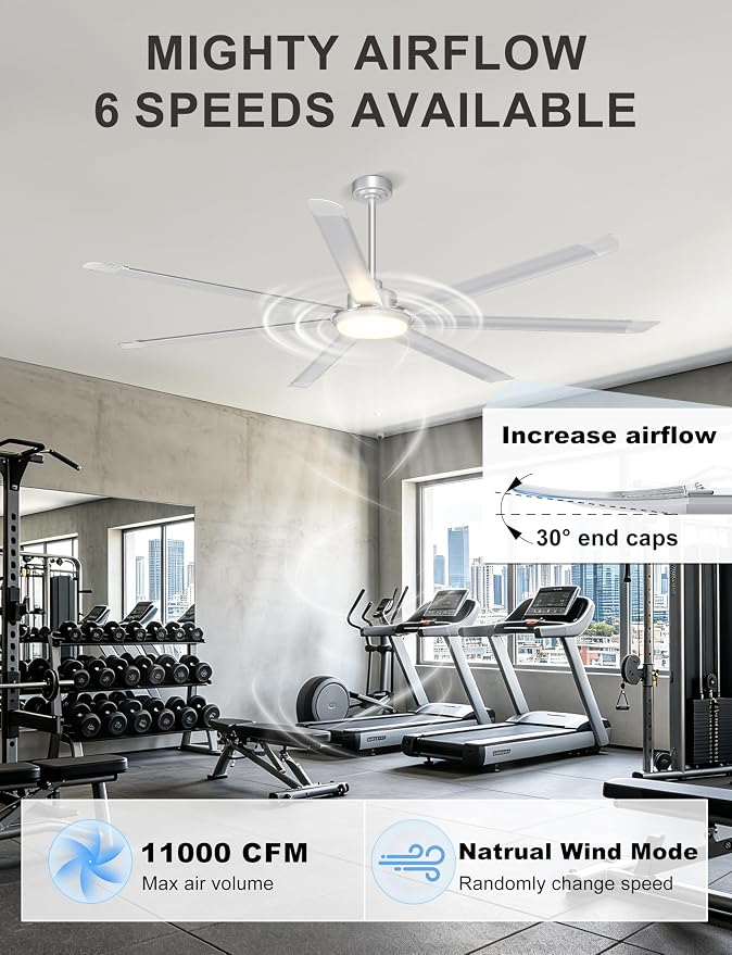 Ohniyou 84'' Industrial Ceiling Fan with Light for Shop, Garage, Silver | 11000 CFM Airflow, 7 Aluminum Blades, 3CCT, Remote/APP Control, 6 Speeds, Reverse Mode, Large Commercial Metal Fan for Gym