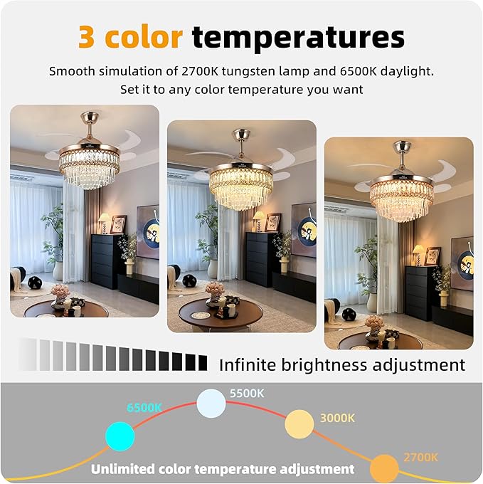 Retractable Crystal Ceiling Fan with Lights and Remote/APP Control, Bluetooth Ceiling Fan with Speaker, 6-Speed Reversible Blades, RGB Light, Invisible Fandelier for Bedroom Dinning Room 42"