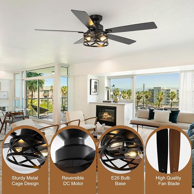 Qcyuui 52 Inch Farmhouse Ceiling Fan with Light and Remote Black Industrial Caged Flush Mount Ceiling Fan with Dual Finish 5 Blades 6 Speed Reversible Motor Rustic Ceiling Fan for Living room
