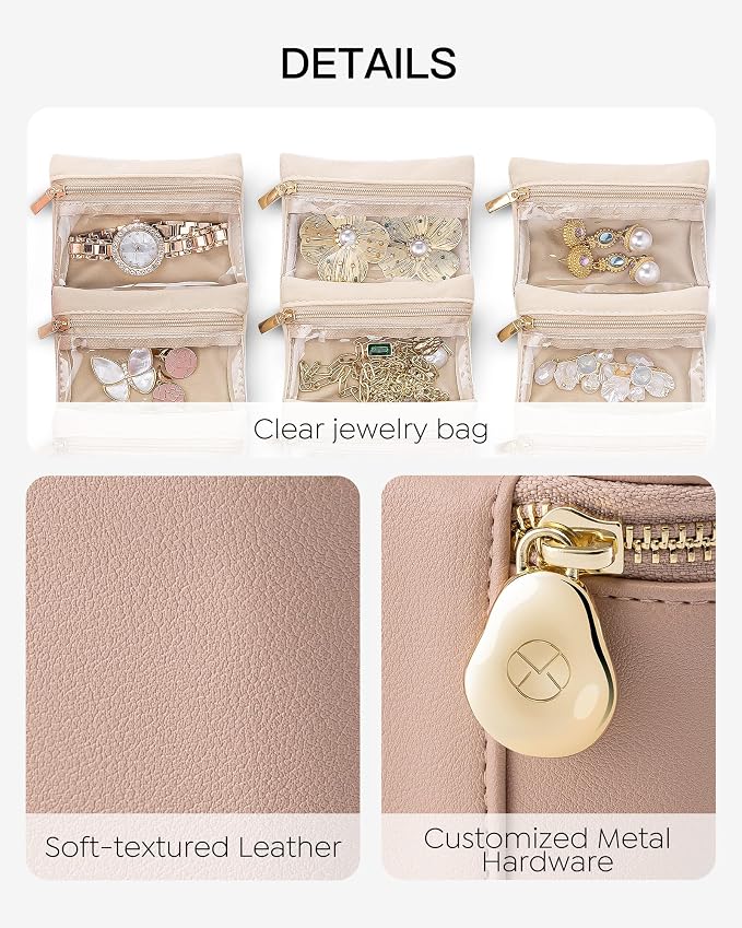 VLANDO Small Jewelry Box Organizer,Travel Jewelry Storage with 6 Velvet Jewelry Zipper Pockets,Travel Jewelry Case Birthday Gifts for Women Girls(Khaki)