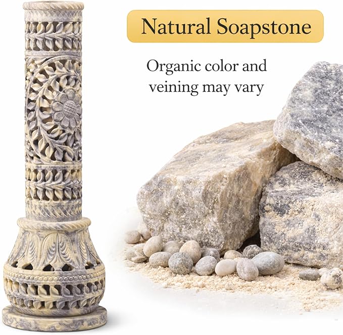 Carry Me Marble Soapstone Incense Stick Holder | Candle Burner | Tea Light Stand - Perfect Handmade Bottle Tower. Decorative Floral Carving for Gifting - Home and Office Decor - (3x3x10.5 Inches)