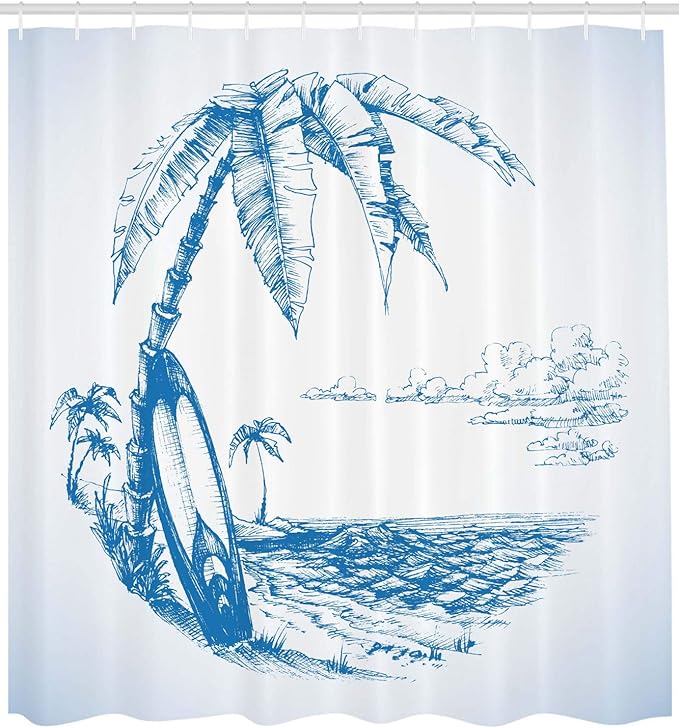 Ambesonne Surf Shower Curtain, Contemporary Sketch Illustration Hawaiian Beach Surfboard Palms Ocean Water, Cloth Fabric Bathroom Decor Set with Hooks, 69" W x 70" L, Blue White