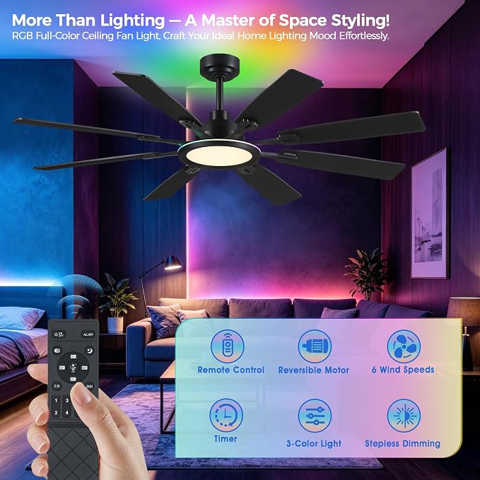 Ceiling Fan With Light & Remote Indoor/Outdoor Use 60 Inch RGB Brown | Remote Control,RGB Dimmable,Reversible DC Motor,3CCT,Timer,Noiseless,Ceiling Fan for Bedroom Living Room