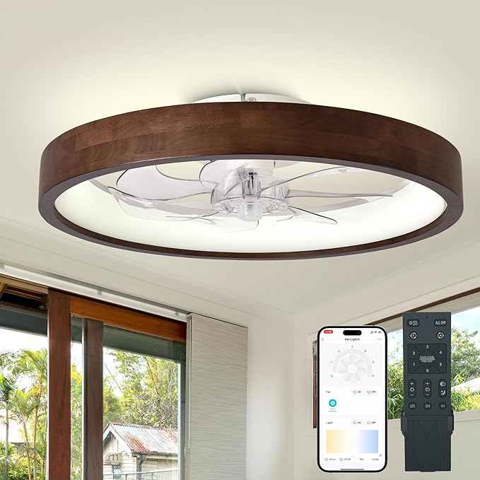 20” Modern Dark Wooden Flush Mount Low Profile Ceiling Fans with Lights | 3 Color Dimmable LED,6 Speeds,Reversible DC Motor Ceiling Fan with Light and Remote for Bedroom/Kidsroom/Dinng Room