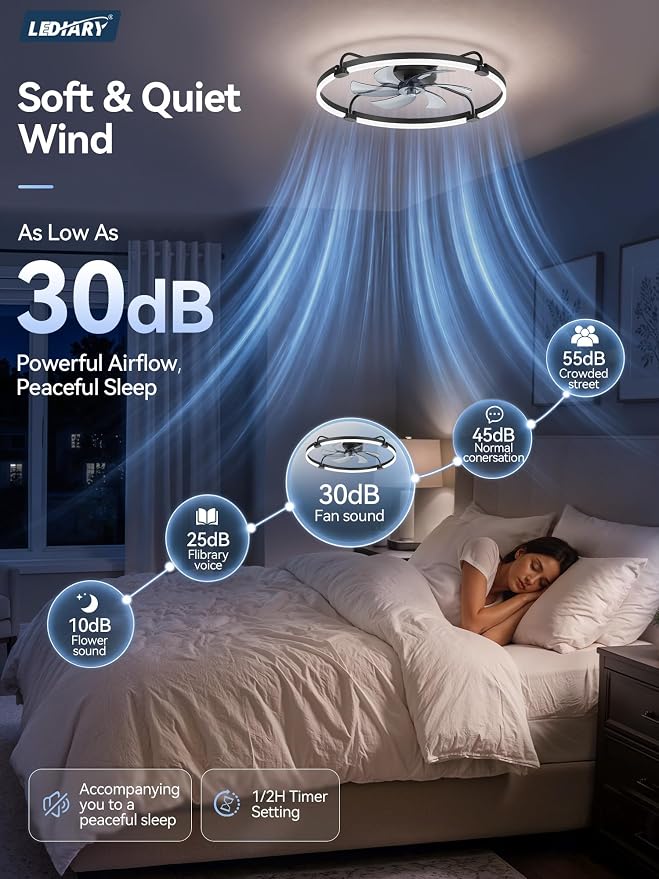 LEDIARY 30" Ceiling Fans with Lights and Remote, Low Profile,Large, Black | 3000K-6000K Stepless Dimmable Fandelier, Reversible DC Motor, Remote and APP Control, Bedroom Kitchen Living Room Fan Light