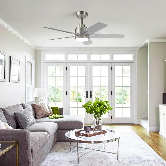 YUHAO 48 Inch Brushed Nickel Ceiling Fan with Light and Remote Control.Noiseless,Dimmable, 3CCT,6 Speeds Reversible, Modern DC Ceiling Fans for Indoor or Covered Outdoor Use,ETL Listed