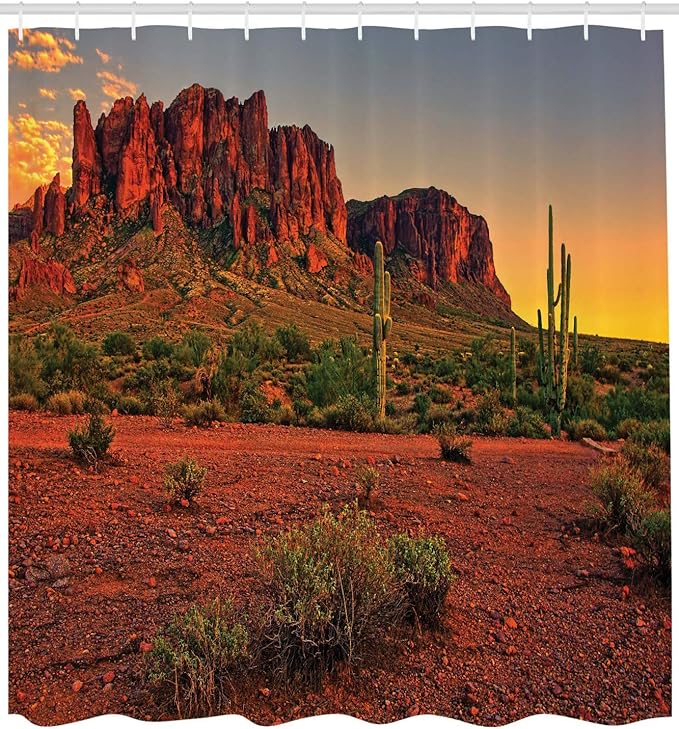 Ambesonne Saguaro Shower Curtain, Colorful Sunset View of The Desert and Mountains Near Phoenix Arizona USA, Cloth Fabric Bathroom Decor Set with Hooks, 69" W x 84" L, Yellow Green