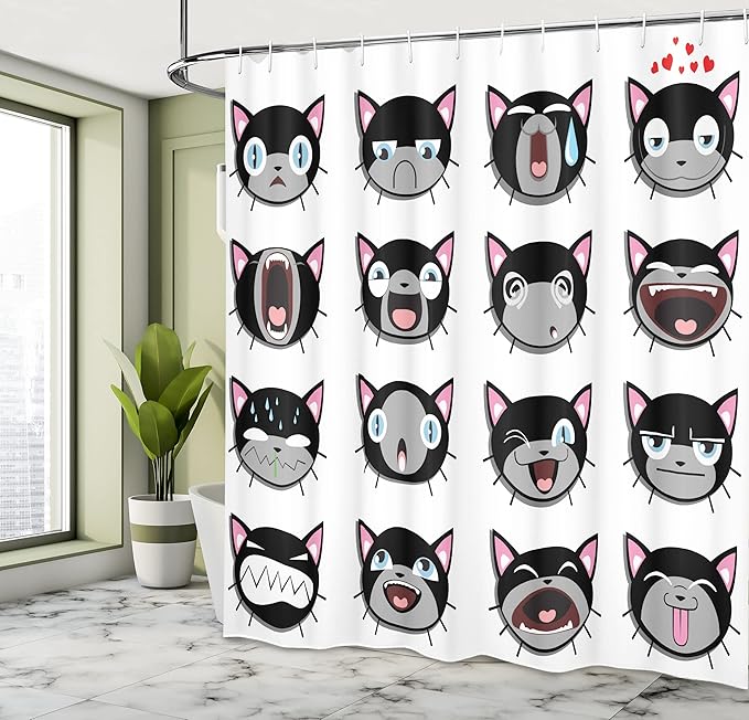 Ambesonne Cat Shower Curtain, Group of Kitten Faces Bored Angry Confused Depression Shouting Emotions, Cloth Fabric Bathroom Decor Set with Hooks, 69" W x 70" L, White Black
