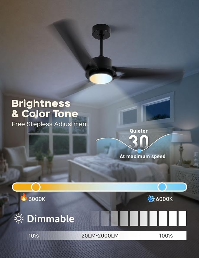 52 Inch Modern Smart Ceiling Fan with LED Lights and WiFi Alexa APP Remote,Black Ceiling Fan with ABS Blades,3CCT,6 Speed,Quiet Reversible DC Motor Indoor Outdoor Fan for Patio,Garage,Bedroom