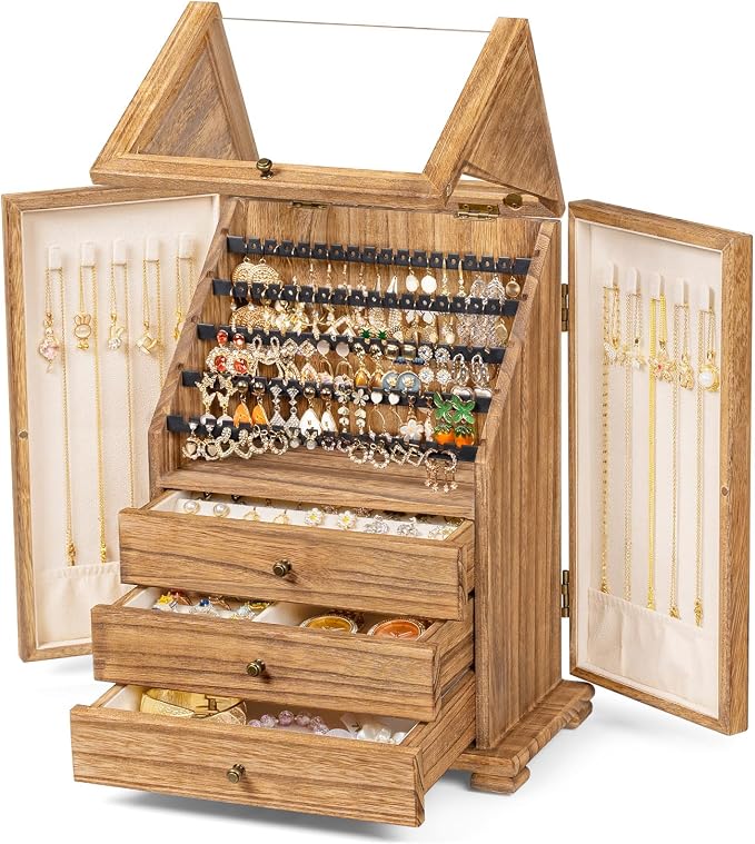 Jewelry Box Organizer, Rustic Wooden Jewelry Boxes for Women Girls, Large Storage Earring Holder Organizer Display for Earrings Necklaces Rings Bracelets (Rustic Brown)