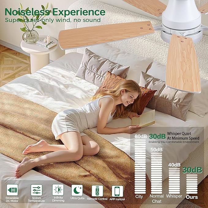 Ceiling Fans with Lights, 48 Inch Ceiling Fan with Light And Remote/APP,Low Profile Ceiling Fan with Light,DC Reversible,6 Speed Noiseless LED Ceiling Fan,White Small Ceiling Fan for Bedroom