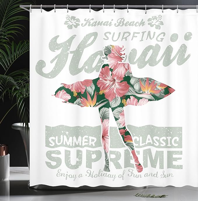 Ambesonne Hawaiian Shower Curtain, Tropical Hawaii Hibiscus Surfing Girl Silhouette Surfboard Retro Themed Artprint, Cloth Fabric Bathroom Decor Set with Hooks, 69" W x 75" L, Fuchsia Green