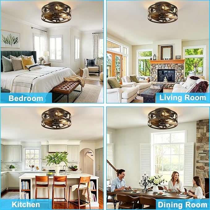 Depuley Flush Mount Ceiling Fan: 12" Caged Ceiling Fans with Remote Control for Patio Kitchen Bedroom - Low Profile Fandelier Lights Fixture Reversible 6 Speed Timer Black 3*E12 Bulb Not Included