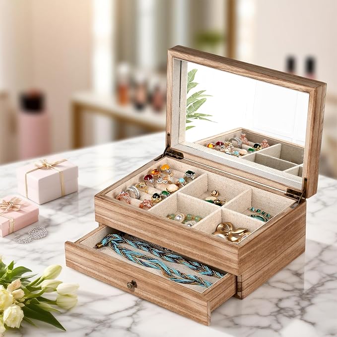Meangood Jewelry Box Organizer for Women, 2 Layer Large Jewelry Storage Case, Rustic Wooden Jewelry Box with Mirror & Ring Tray for Necklace Earring Bracelets Rings, Vintage Style (Torched Wood)