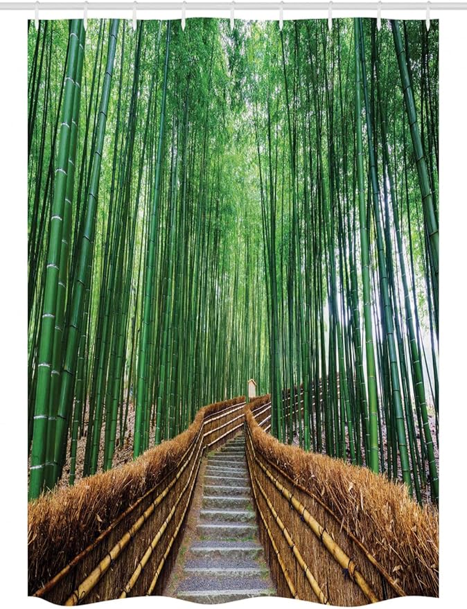 Ambesonne Jungle Stall Shower Curtain, Tropical Nature Bridge Over Trees Exotic Landscape Forest Jungle Woods Design, Fabric Bathroom Decor Set with Hooks, 54" W x 78" L, Green Brown