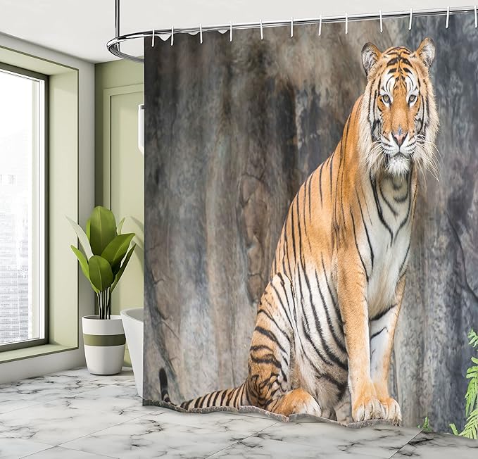 Ambesonne Zoo Shower Curtain, Bengal Tiger Feline Predator Aggressive Hunter Carnivore Africa Savannah, Cloth Fabric Bathroom Decor Set with Hooks, 69" W x 75" L, Pale Brown White Black
