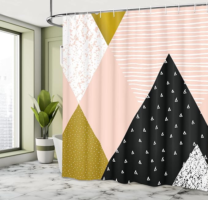 Ambesonne Geometric Shower Curtain, Abstract Composition Hand Drawn Vintage Texture Dots Lines Triangles Modern Art, Cloth Fabric Bathroom Decor Set with Hooks, 69" W x 84" L, Multicolor Blush Black