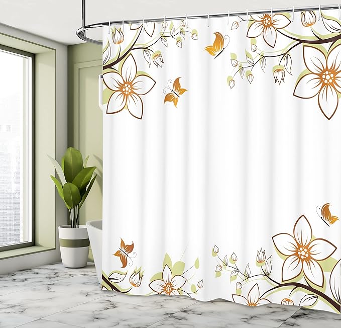Ambesonne Floral Shower Curtain, Flowers Leaves Branches Buds Butterflies Frame Like Image Print, Cloth Fabric Bathroom Decor Set with Hooks, 69" W x 70" L, Pale Green Pale Brown