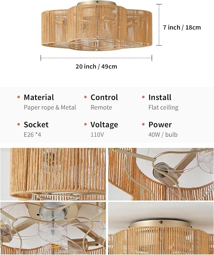 Boho Ceiling Fans with Lights, 20" Low Profile Ceiling Fan with Light Remote Control, Bladeless Flush Mount with 6 Speeds for Bedroom, Nursery, Living Room.