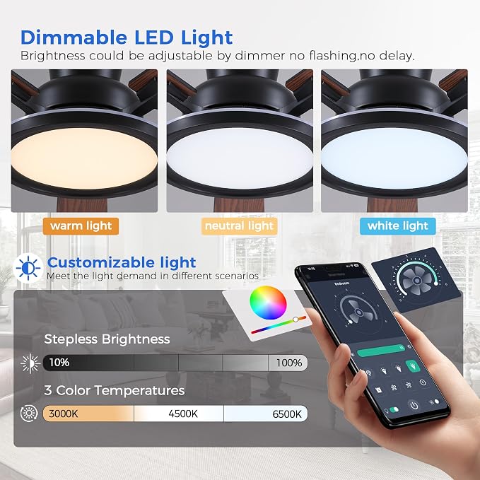 Ayaoty Ceiling Fans with Lights - 52in Flush Mount Ceiling Fan with RGB Dimmable, 3CCT 6 Wind Speeds and Reversible Quiet Motor, Low Profile RGB Fan Light for Modern Indoor, Party - Brown
