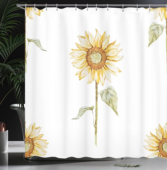 Ambesonne Sunflower Shower Curtain, Sunflowers Watercolor Painting Effect and in Minimalistic Design Art, Cloth Fabric Bathroom Decor Set with Hooks, 69" W x 70" L, Yellow Green