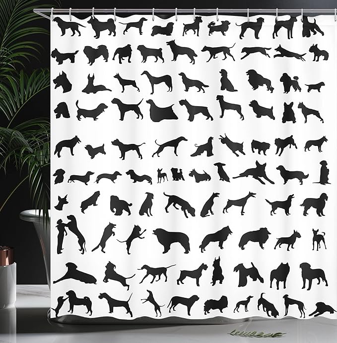Ambesonne Dog Lover Shower Curtain, Silhouettes of Different Breeds of Dogs Chow Chow Shepherd Pinscher Spaniel, Cloth Fabric Bathroom Decor Set with Hooks, 69" W X 75" L, White Charcoal