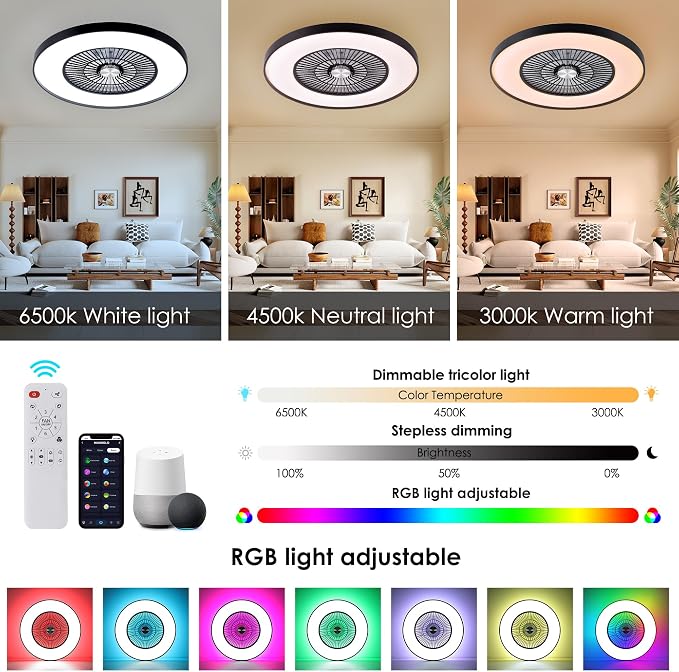 24" Bladeless Ceiling Fans with Lights and Remote/APP/Voice Control, Low Profile Ceiling Fan with RGB Lights, Enclosed Flush Mount Ceiling Fan for Kid's Bedroom/Living Room