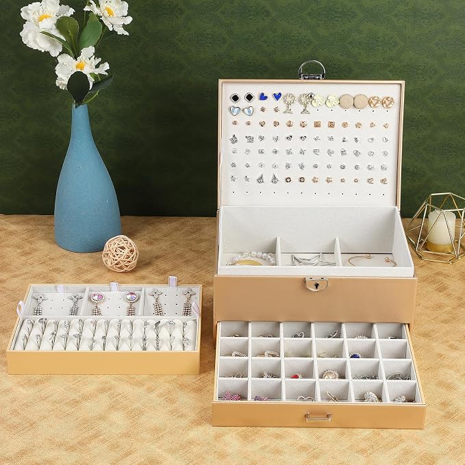 BOOVO Large Jewelry Boxes For Women (Champagne) | 5 Layers Jewelry Organizer Box With Cosmetic Storage Drawer, Necklace Ring Jewelry Organizer Box