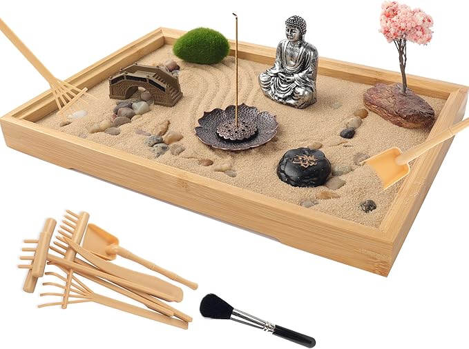 Zen Sand Garden Kit for Desk with Incense Stick Holder 11"x7.5" 6 Tools, 16 Accessories