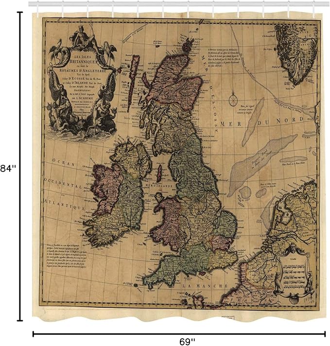 Ambesonne Scenery Shower Curtain, British Islands Scotland England European History Britain Grungy Art, Cloth Fabric Bathroom Decor Set with Hooks, 69" W x 84" L, Pale Brown Green and Pink