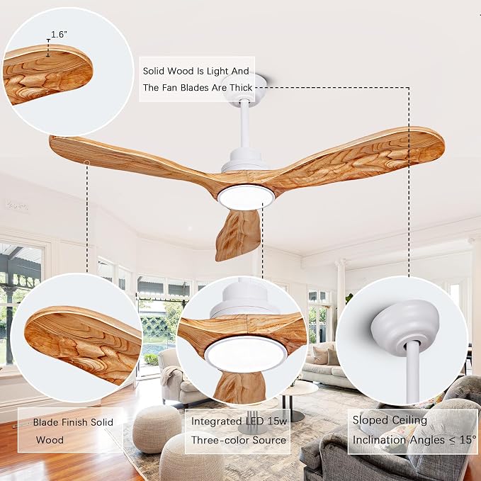 52In Wood Ceiling Fan with Lights,Noiseless Reversible DC Motor with Remote | tung walnut wood blades, silent reversible dc motor, remote control, dimmable 3cct led, indoor outdoor for farmhouse patio