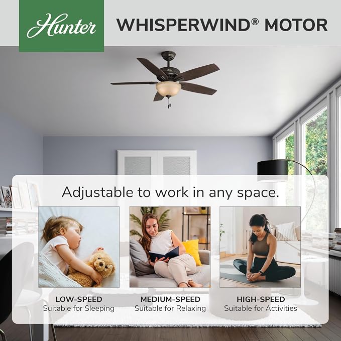 Hunter 52 inch Indoor Ceiling Fan with LED Light - Bronze Ceiling Fan with Pull Chain, For Bedroom or Living Room, Standard Mount, No Remote, 5 Blades, Includes Bulbs - Newsome 53311, Premier Bronze | with LED Light, Standard Mount, 5 Blades, For Bedro...