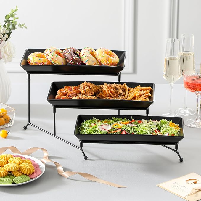 MALACASA 3 Tier Serving Tray, Porcelain Tiered Serving Trays Platters, 12 Inch Serving Stand with Platters,Black Dessert Stand with Collapsible Sturdier Metal Rack,Series PLAT | Tiered Serving Stand for Party, Fruit Tray, Trays for Serving Food, Desser...