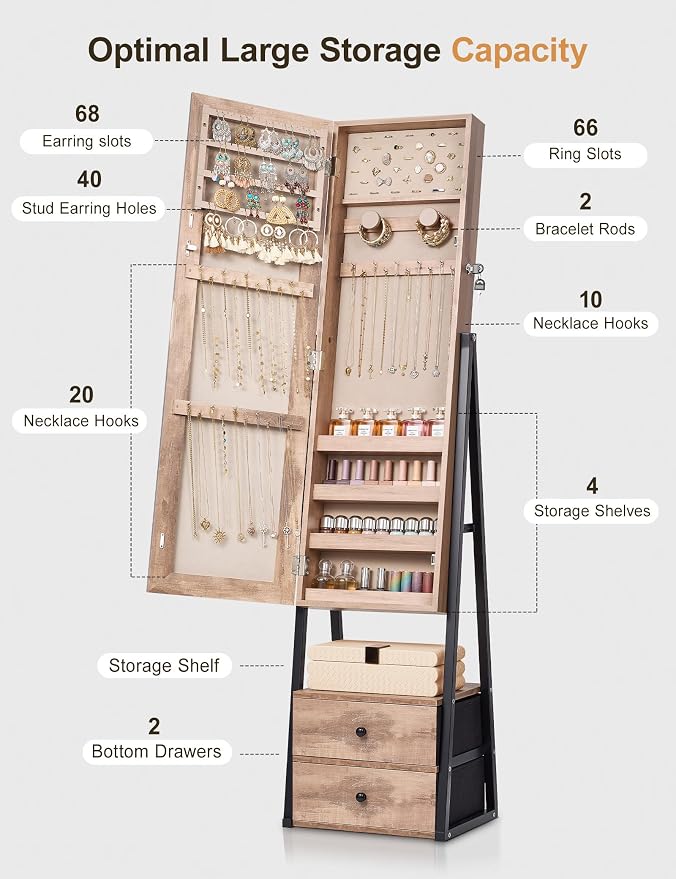 Nicetree Jewelry Cabinet Armoire with 2 Drawers, Standing Jewelry Mirror Cabinet, Full Length Mirror with Jewelry Storage, Lockable Jewelry Organizer with Mirror, Oak