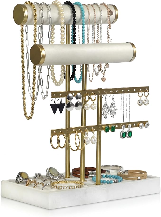 Jewelry Tower Stand Organizer for Women - Soft Touch Velvet Elegant Jewelry Holder Display with Necklace Holder, Earring Organizer & Bracelet Rack - Tabletop Stand for Dresser, Vanity, Desk - White