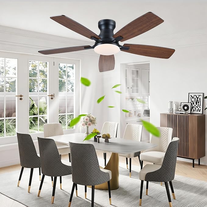 JSAITEE 46 Inch Low Profile Flush Mount Ceiling Fan with Lights, Brown | 46In Flush Mount Ceiling Fan with 3CCT Dimmable, 6 Wind Speeds and Timing, Low Profile Fan for Modern