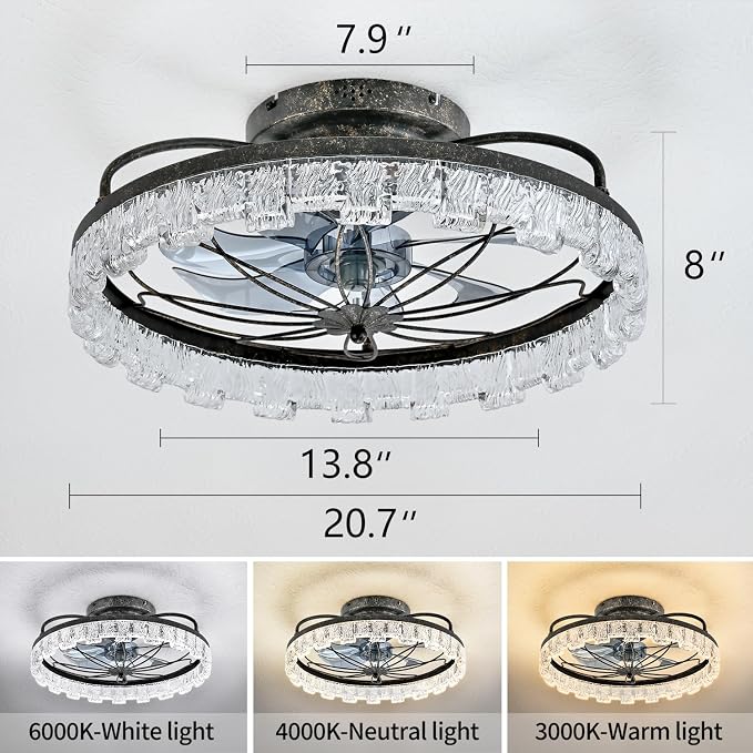 Dalouguan Rustic Black Ceiling Fan with Light, Farmhouse Flower Caged Ceiling Fan with Remote, LED Low Profile Ceiling Light for Bedroom Kitchen Living Room