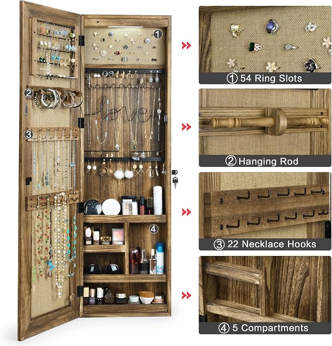 SRIWATANA Jewelry Cabinet with Mirror, Lockable Door, Carbonized Black | Space-Saving Wall & Door Mounted Solid Wood Jewelry Armoire; Large Capacity Organizer with Lockable Door for Jewelry