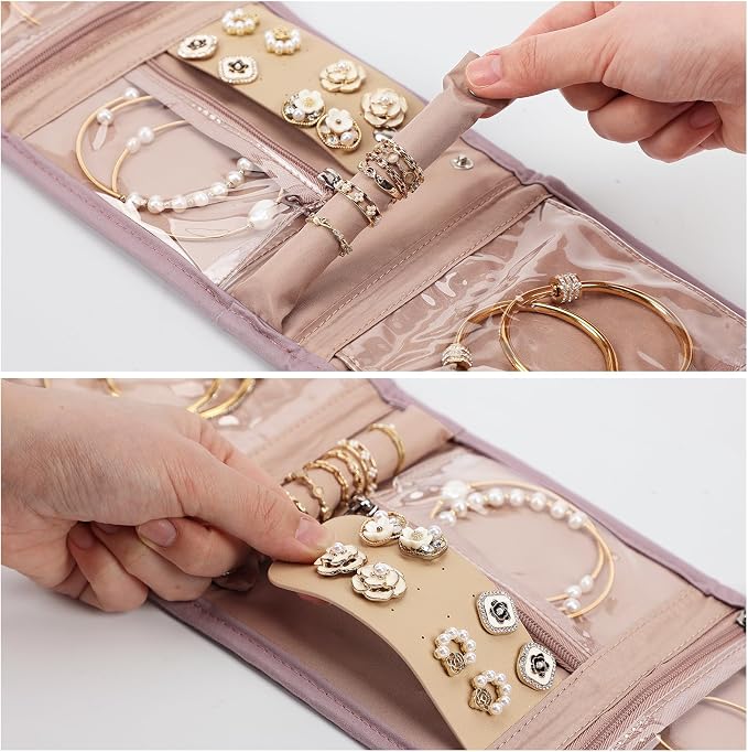 BELALIFE Travel Jewelry Case, Jewelry Organizer Roll for Accessories | Bag with foldable roll design for earrings, necklaces, rings, bracelets and brooches,Peach-Pink
