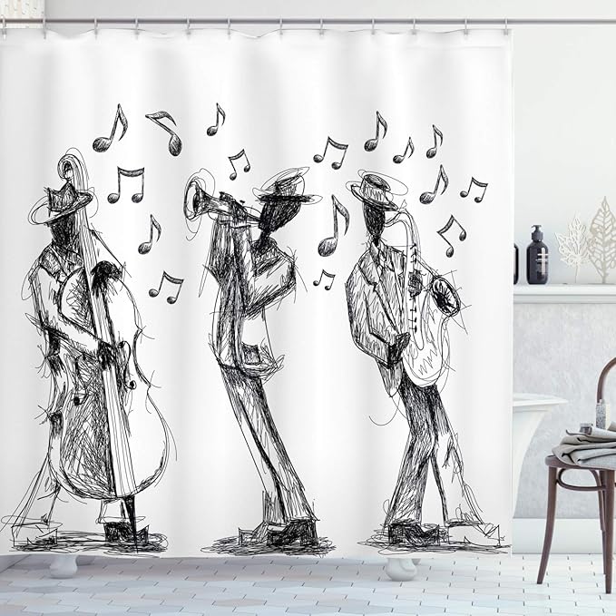 Ambesonne Music Shower Curtain, Sketch Style of a Jazz Band Playing Music with Instruments and Musical Notes Print, Cloth Fabric Bathroom Decor Set with Hooks, 69" W x 84" L, White Charcoal