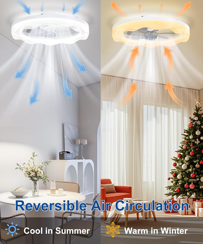 Ceiling Fans with Lights and Remote, 20'' Low Profile Ceiling Fan, 3000K-6500K Dimmable LED Fan Light APP Control, 6 Wind Speeds White Modern Fandelier Flush Mount Ceiling Fans for Bedroom Kids Room