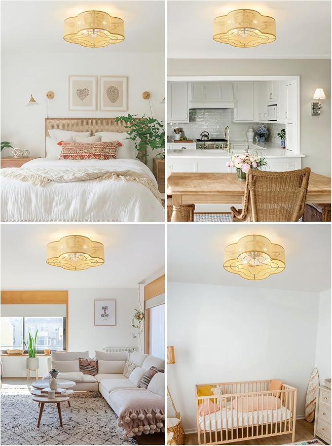 Boho Ceiling Fans with Lights, 20" Low Profile Ceiling Fan with Light Remote Control, Bladeless Flush Mount with 6 Speeds for Bedroom, Nursery, Living Room.