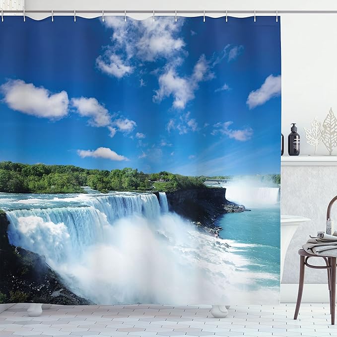 Ambesonne Waterfall Shower Curtain, Big Powerful Niagara Waterfalls Flowing Fastly Dreamy Wild Space Photo, Cloth Fabric Bathroom Decor Set with Hooks, 69" W x 70" L, Blue White Green