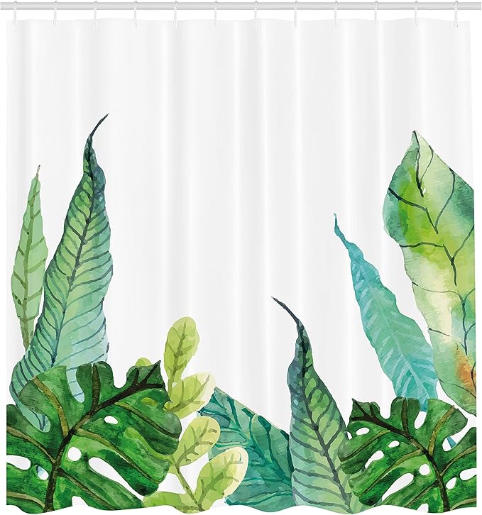 Ambesonne Leaf Shower Curtain, Watercolor Hand Drawn Style Print Panda Banana Fragipani Tropical Trees Exotic Leaves, Cloth Fabric Bathroom Decor Set with Hooks, 69" W x 75" L, Green White